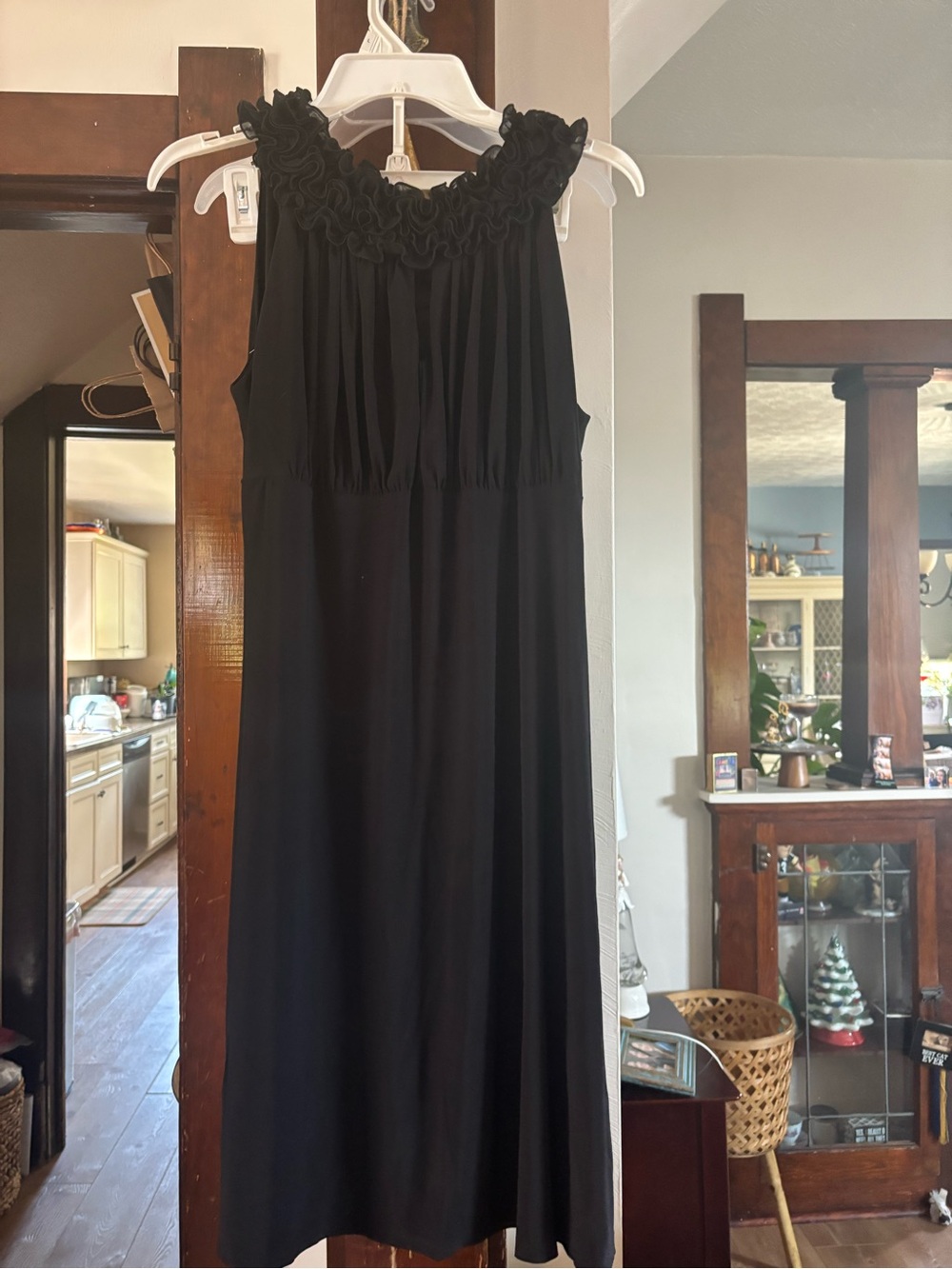 Onyx Black Midi Dress with Rosette Neckline